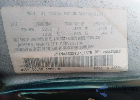 1996 Mazda Mx-5 Miata из США, поврежденный, VIN JM1NA3532T0717575